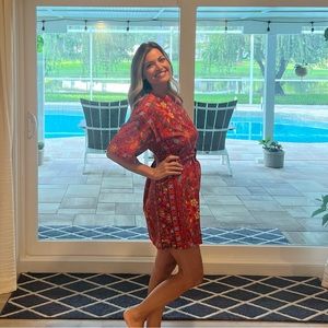 Tory Burch Medium M belted red dress. FUN print. Logo, strawberry, cats!